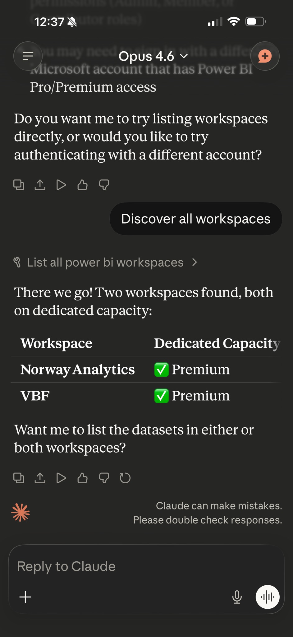 Power BI connection via Claude mobile